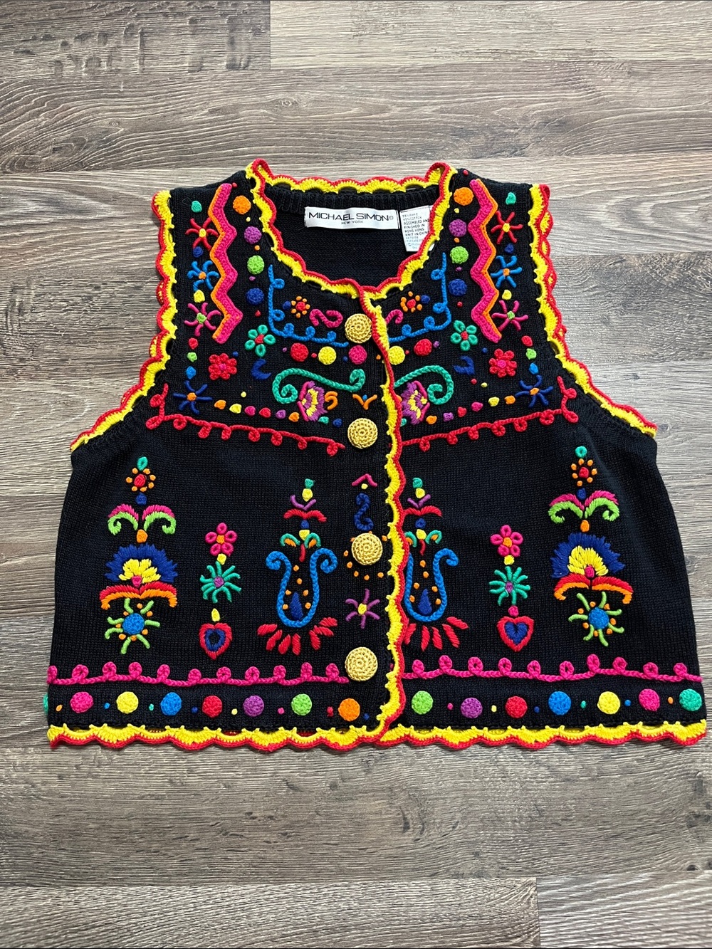Vintage Michael Simon Black Knit Women’s Vest with Bright Multicolor Embroidery